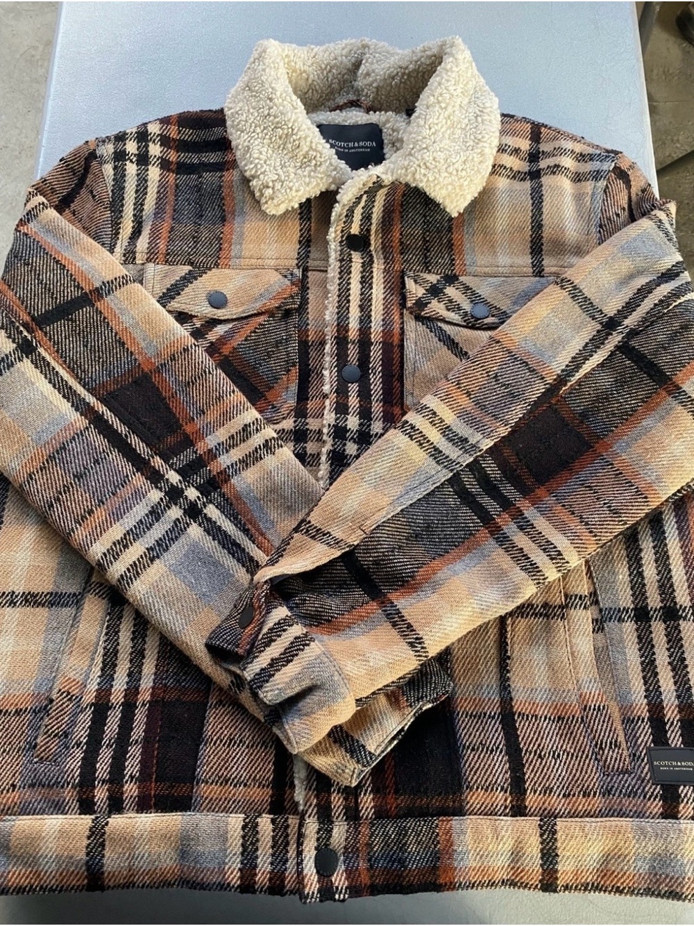 Magaschoni Tan and Cream Plaid Sherpa Collar Jacket